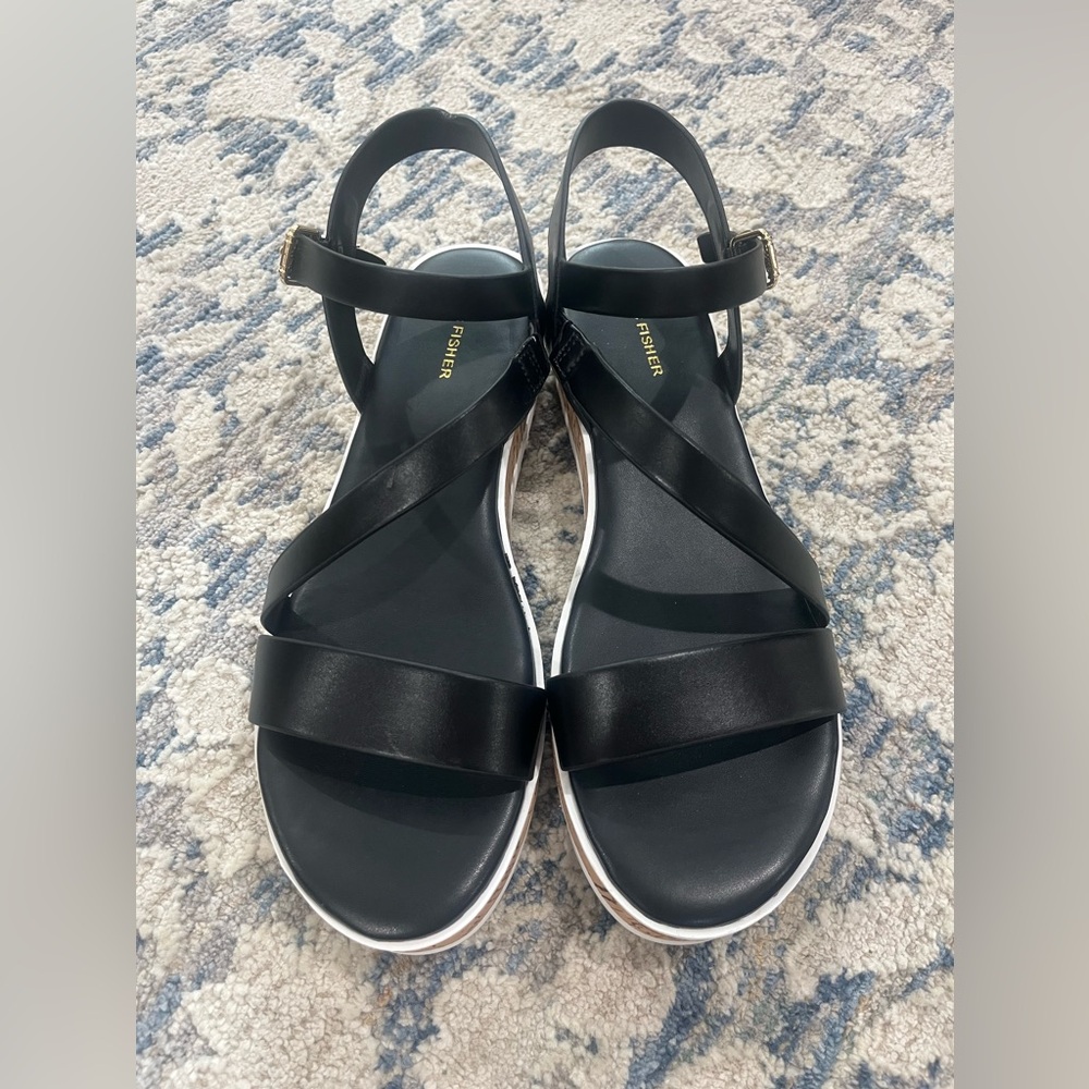 NEW Marc Fisher Black and White Sandals with Ankle Strap and Minimalist Desi…